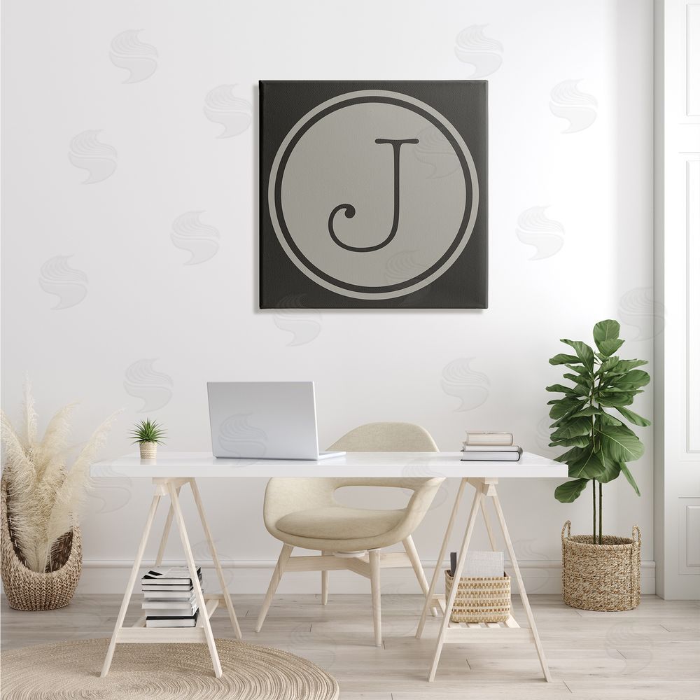 Ziwei Li Modern J Initial Round Elevator Key Shape Canvas Wall Art in Room