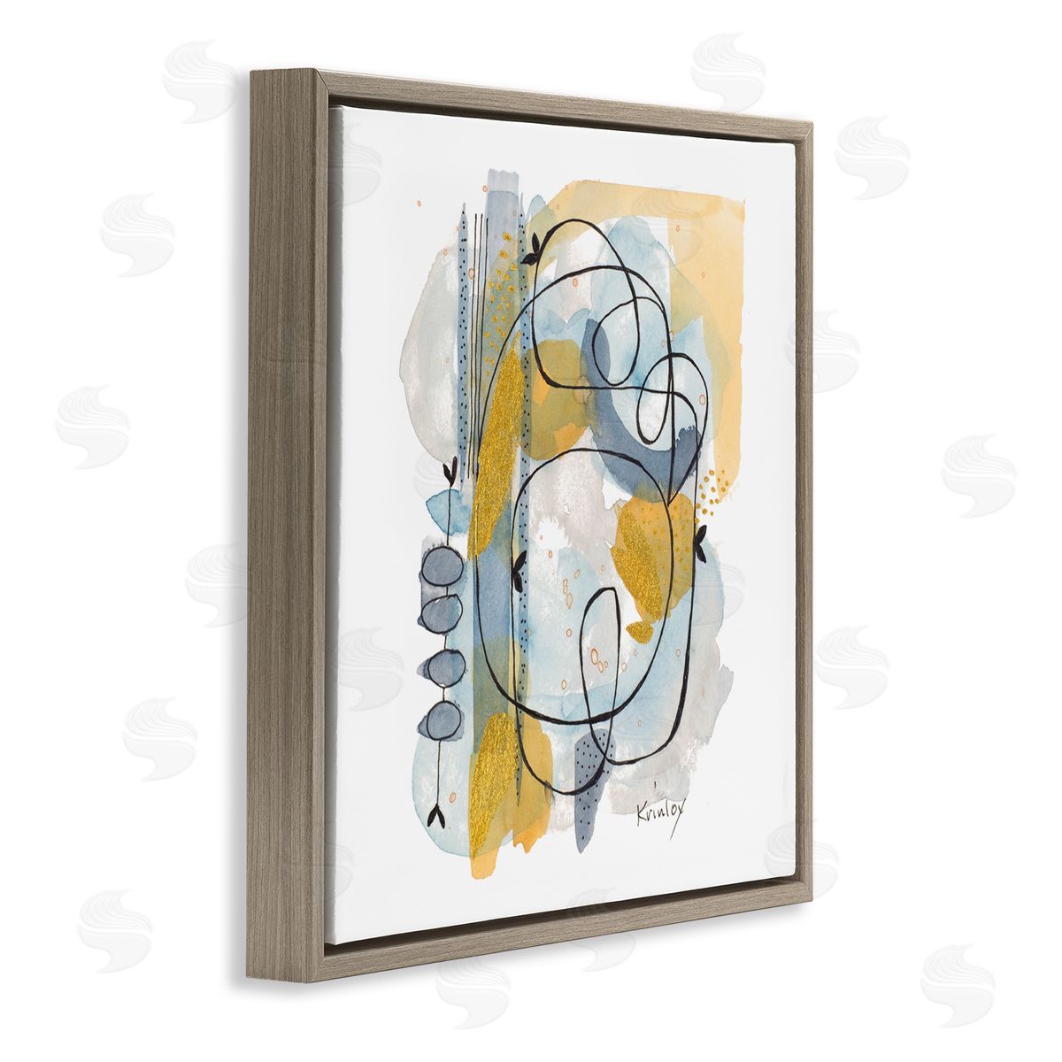 Krinlox Modern Leaf Line Abstraction Yellow Blue Watercolor Brown Floating Frame Canvas Wall Art Print
