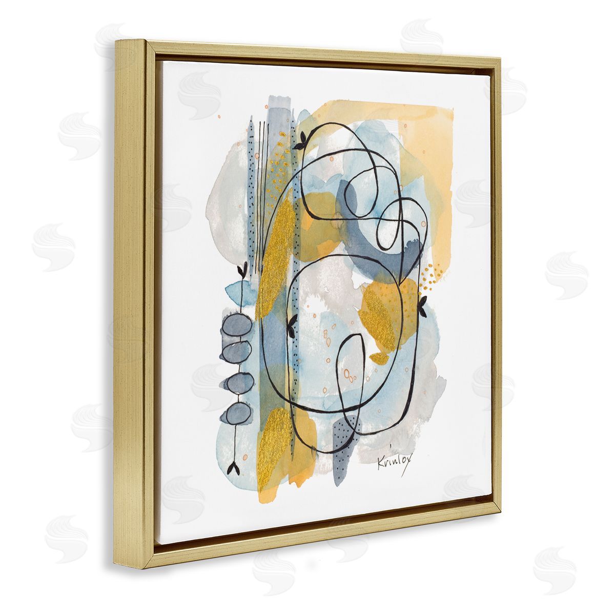 Krinlox Modern Leaf Line Abstraction Yellow Blue Watercolor Gold Floating Frame Canvas Wall Art Print