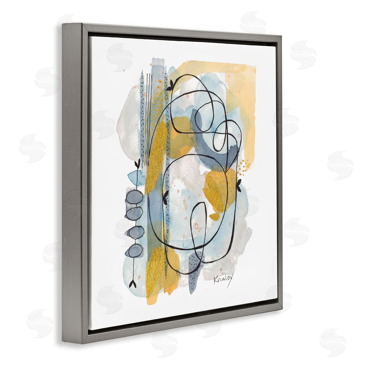 Krinlox Modern Leaf Line Abstraction Yellow Blue Watercolor Gray Floating Frame Canvas Wall Art Print