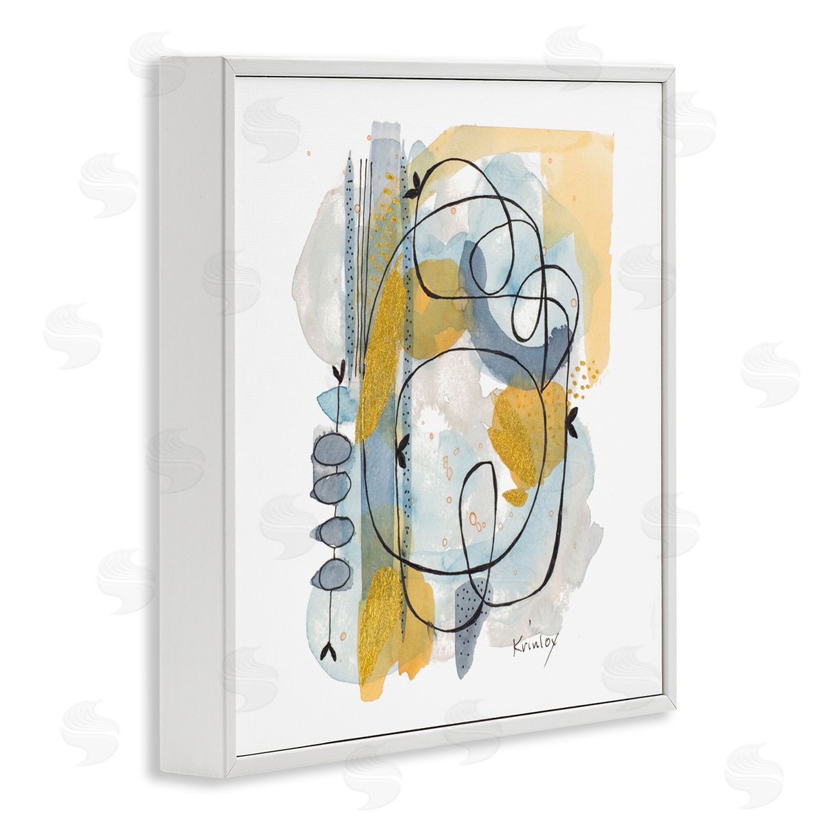 Krinlox Modern Leaf Line Abstraction Yellow Blue Watercolor White Framed Glicee Wall Art Print
