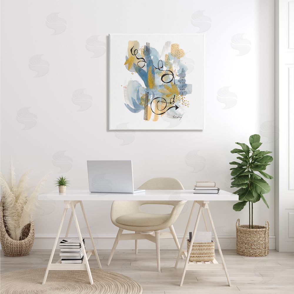 Krinlox Modern Directional Arrow Abstraction Blue Yellow Watercolor Canvas Wall Art in Room