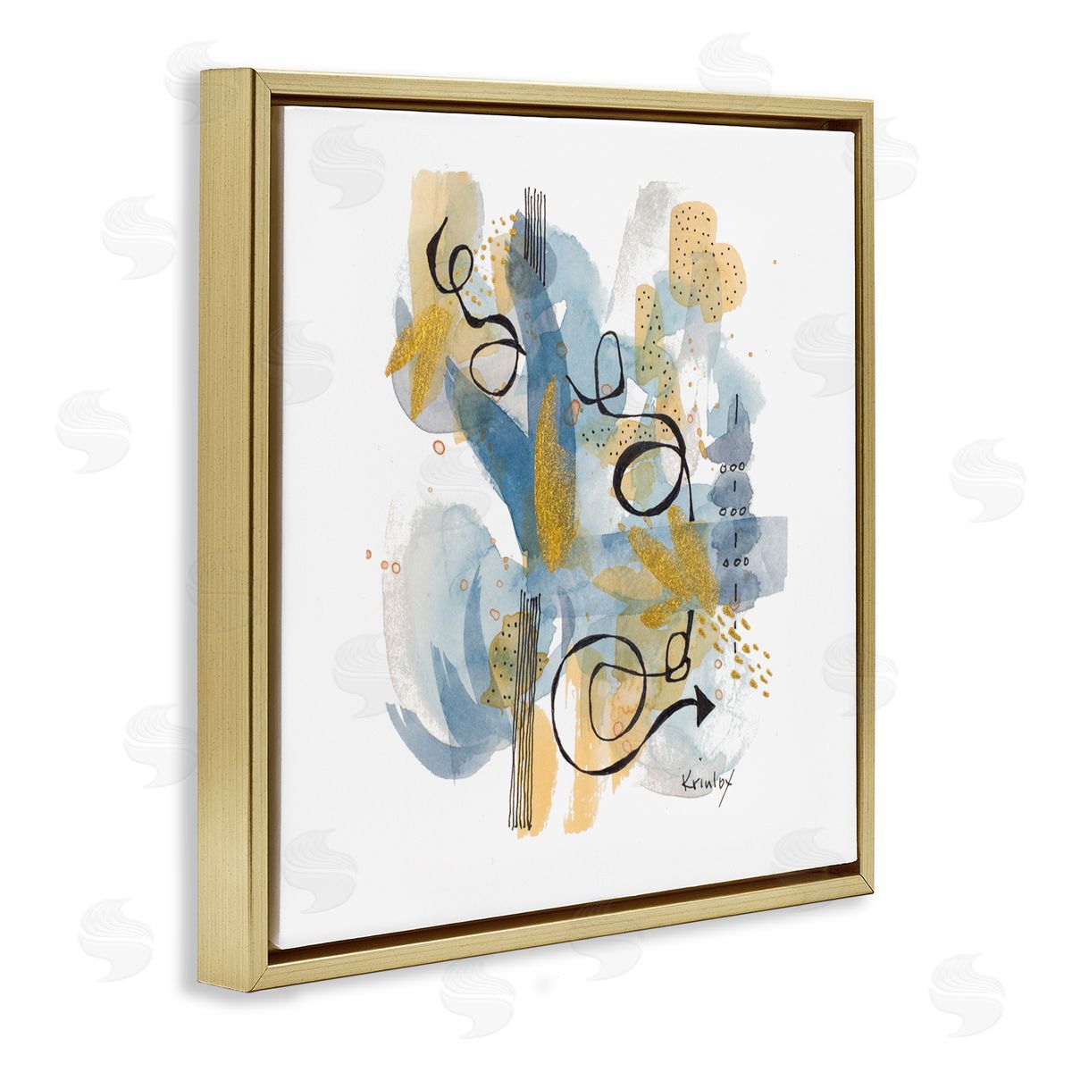 Krinlox Modern Directional Arrow Abstraction Blue Yellow Watercolor Gold Floating Frame Canvas Wall Art Print