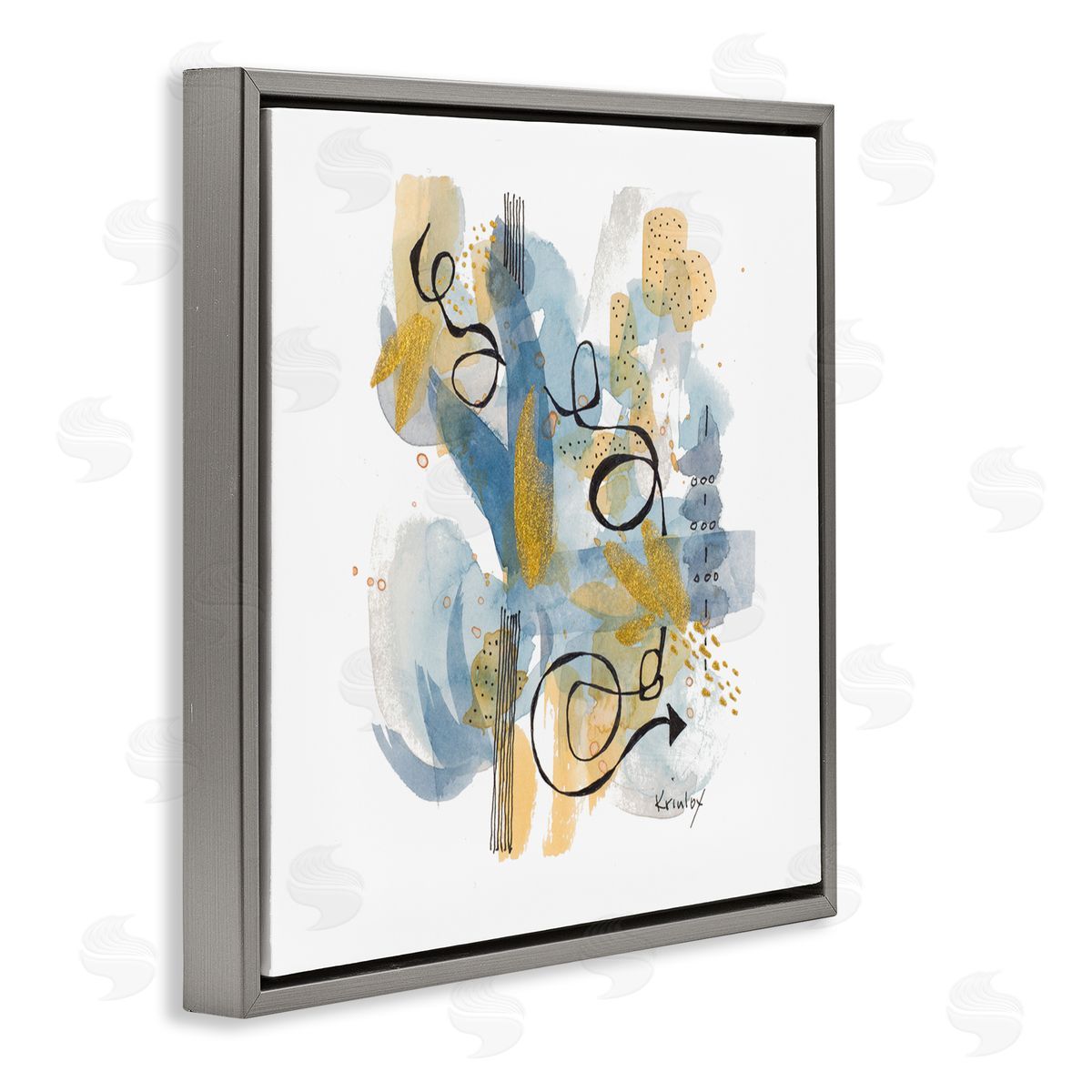 Krinlox Modern Directional Arrow Abstraction Blue Yellow Watercolor Gray Floating Frame Canvas Wall Art Print