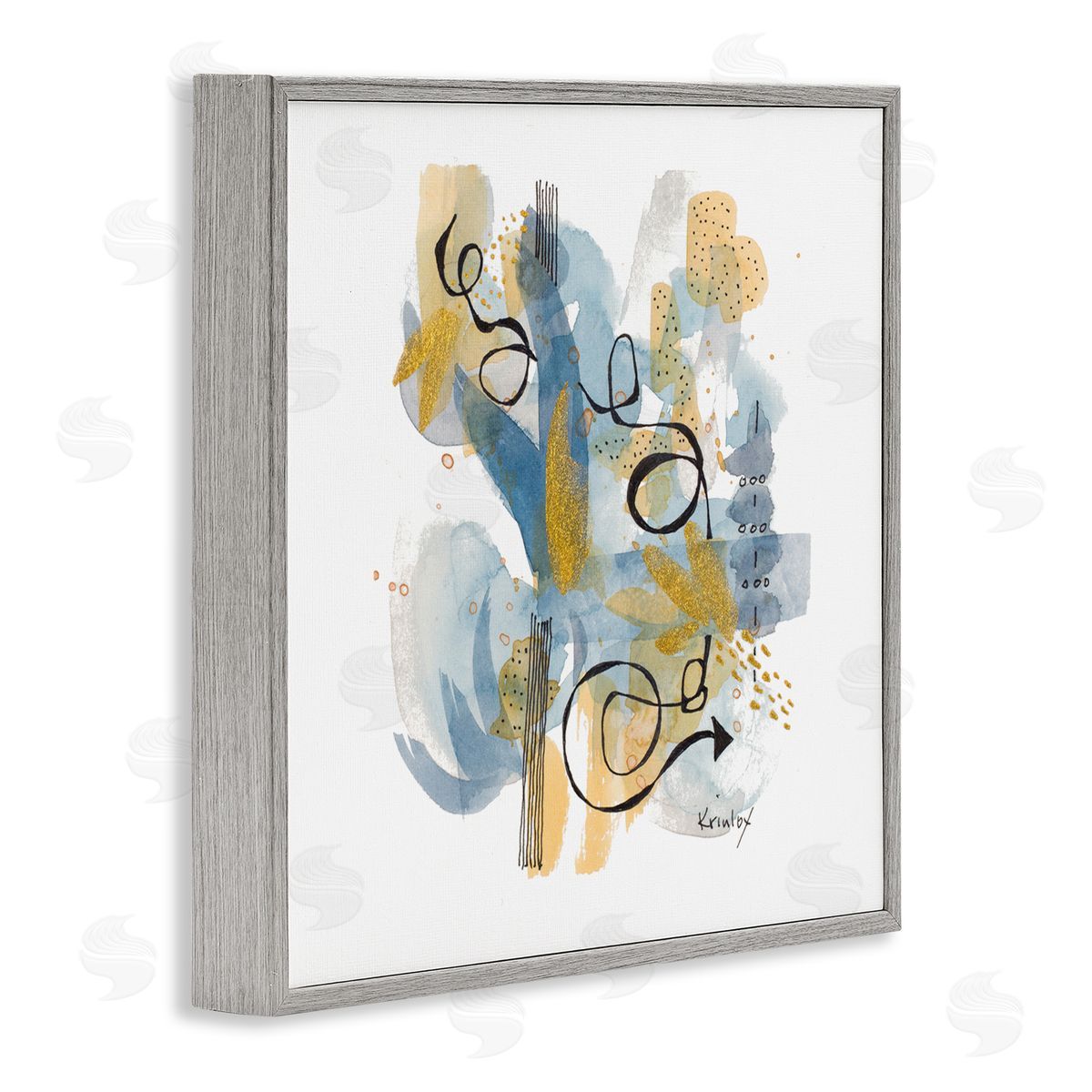 Krinlox Modern Directional Arrow Abstraction Blue Yellow Watercolor Gray Framed Glicee Wall Art Print