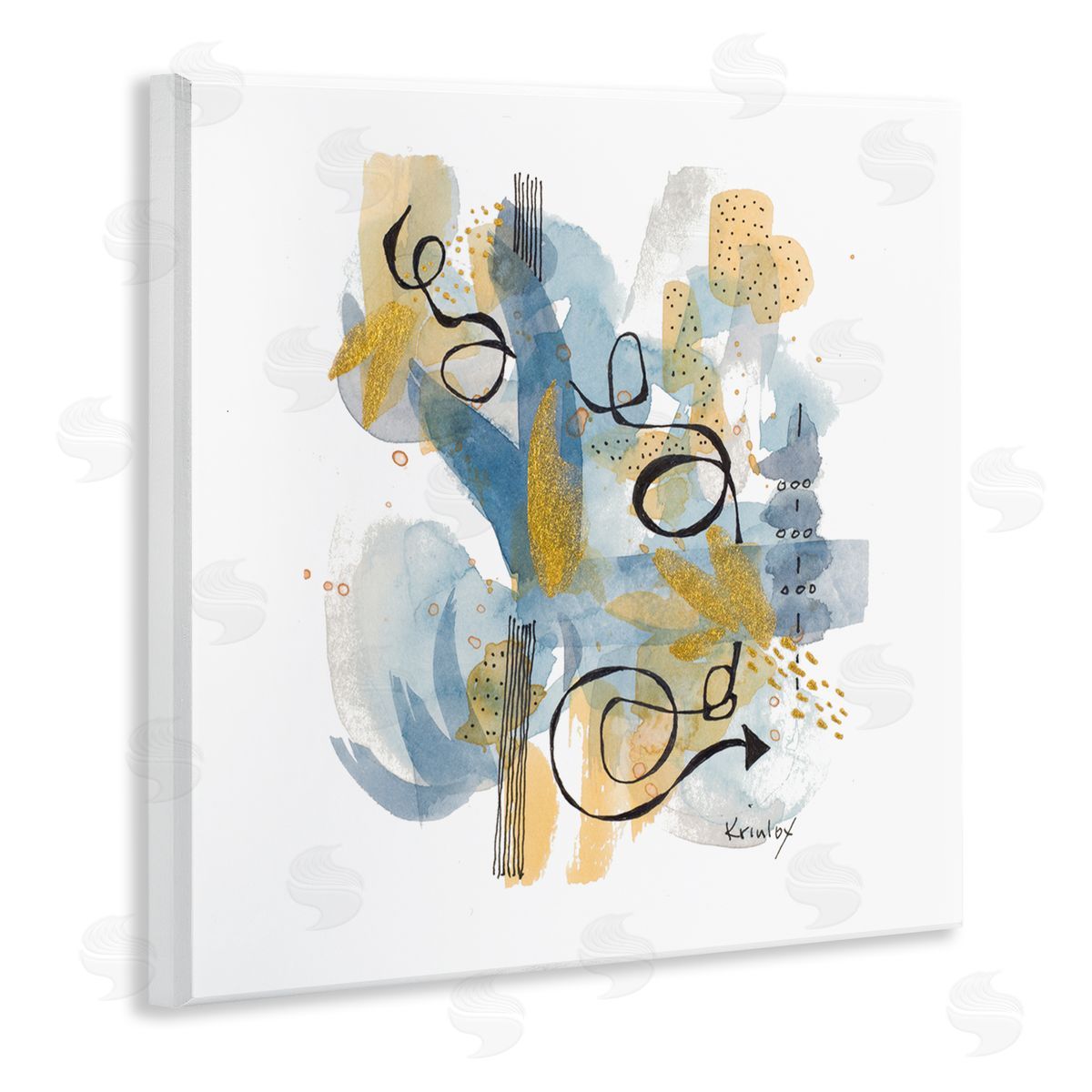 Krinlox Modern Directional Arrow Abstraction Blue Yellow Watercolor Wooden Wall Plaque Art Print