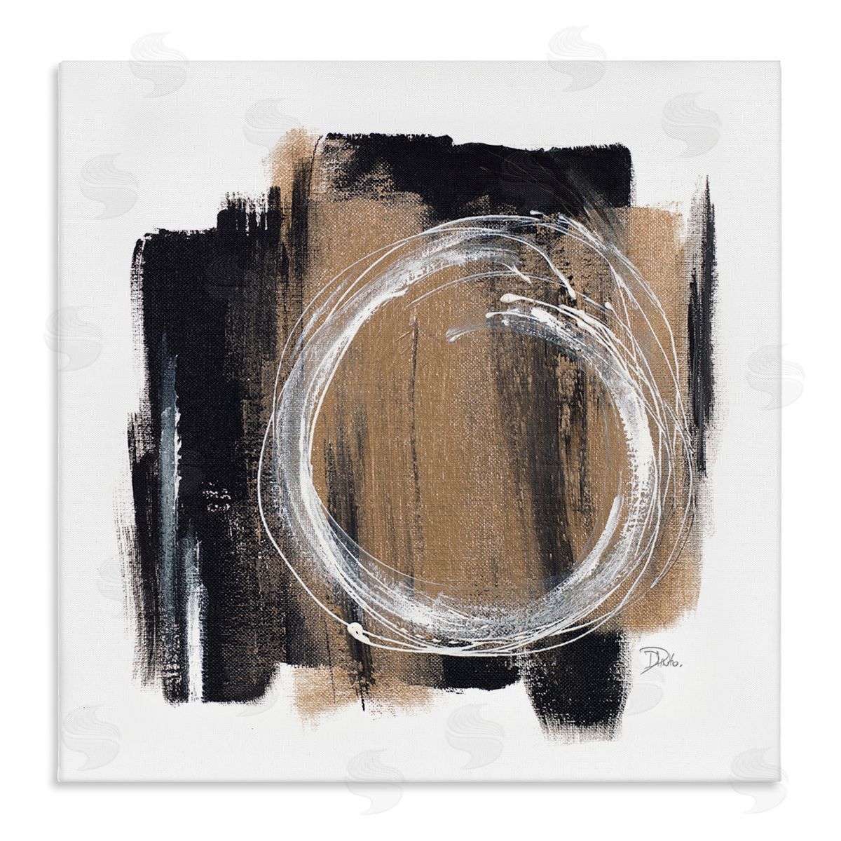 Patricia Pinto Circular Spiral Abstraction over Rustic Black Brown Stretched Canvas Wall Art Print