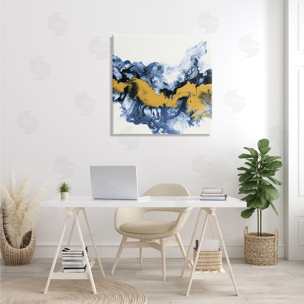 Liz Jardine Abstract Paint Infusion Fluid Blue Yellow Integration Canvas Wall Art in Room