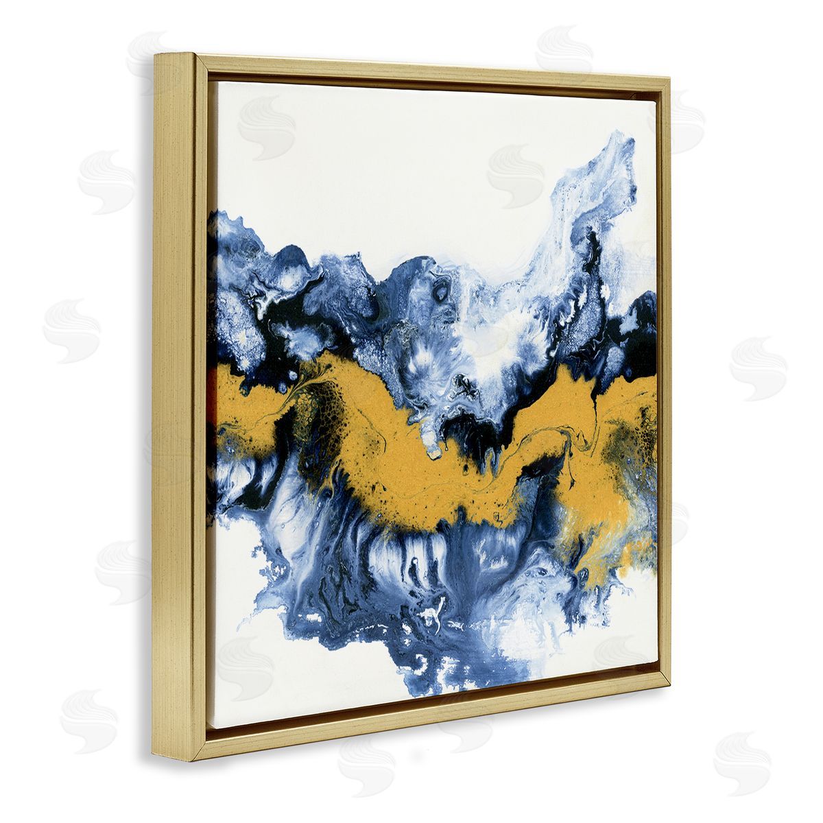 Liz Jardine Abstract Paint Infusion Fluid Blue Yellow Integration Gold Floating Frame Canvas Wall Art Print