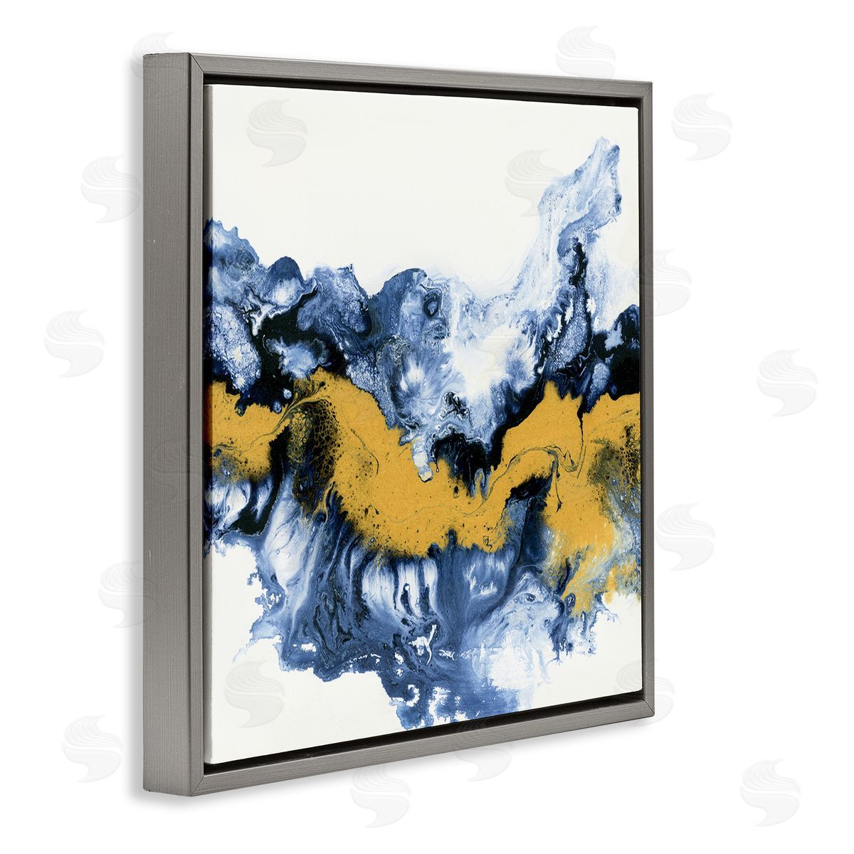 Liz Jardine Abstract Paint Infusion Fluid Blue Yellow Integration Gray Floating Frame Canvas Wall Art Print