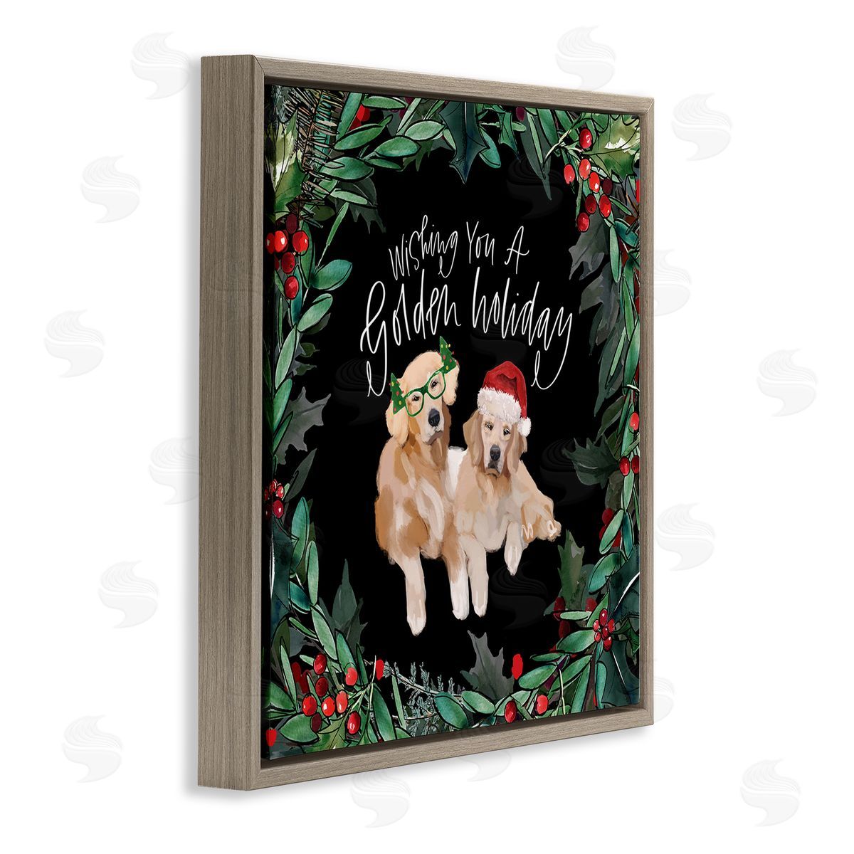 Valerie Wieners Wishing You a Golden Holiday Phrase Pet Dogs Brown Floating Frame Canvas Wall Art Print