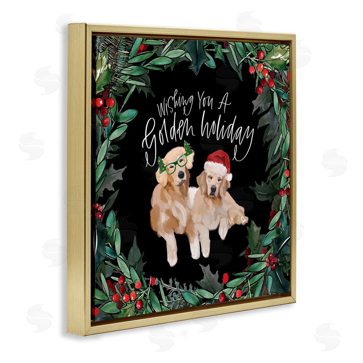 Valerie Wieners Wishing You a Golden Holiday Phrase Pet Dogs Gold Floating Frame Canvas Wall Art Print