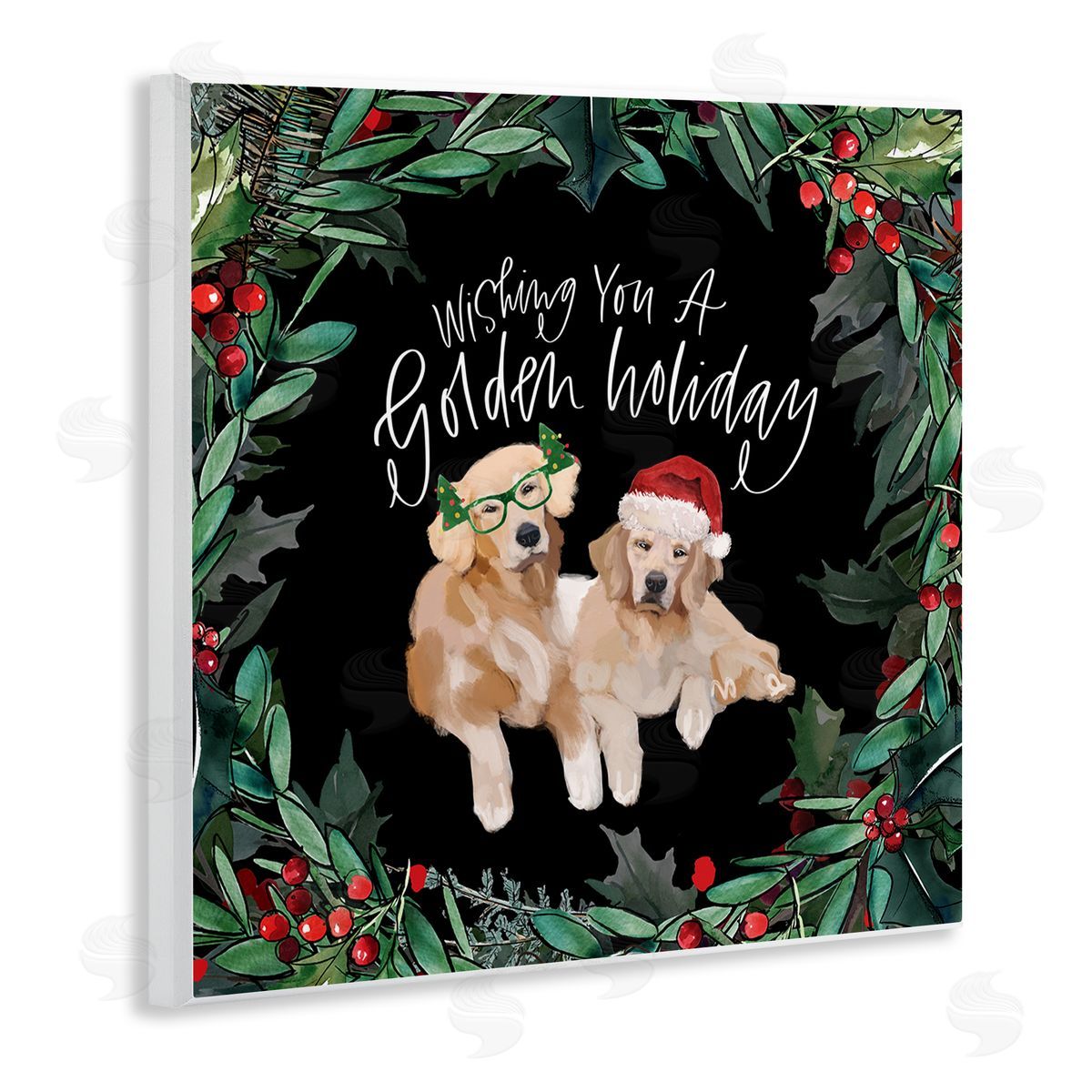 Valerie Wieners Wishing You a Golden Holiday Phrase Pet Dogs Wooden Wall Plaque Art Print