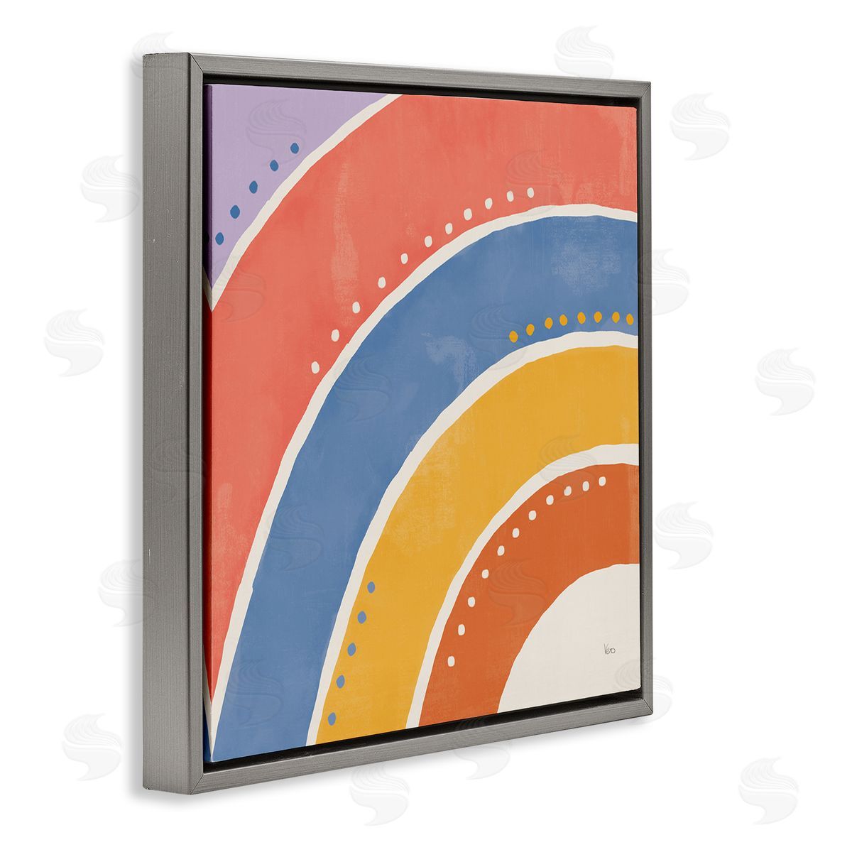 Veronique Charron Playful Primary Color Half Rainbow Polka Dot Stripes Gray Floating Frame Canvas Wall Art Print