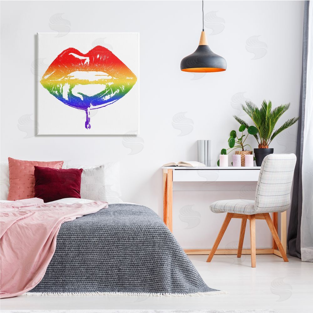 Amaya Rainbow Puckered Lips Retro Cosmetic Drip Kiss Canvas Wall Art in Room