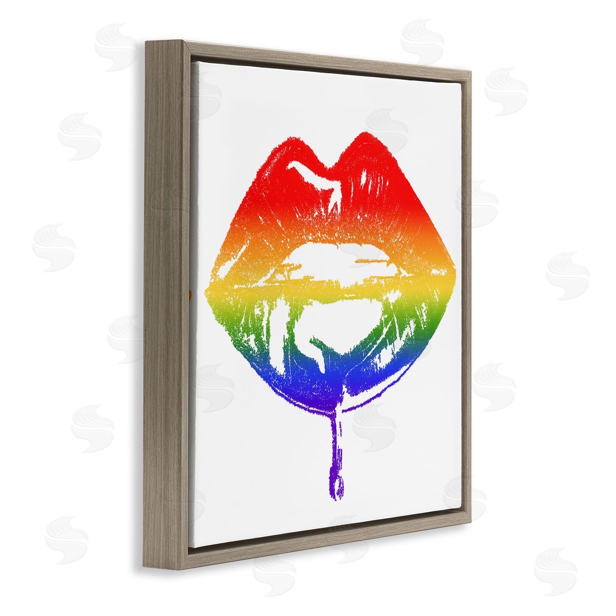 Amaya Rainbow Puckered Lips Retro Cosmetic Drip Kiss Brown Floating Frame Canvas Wall Art Print