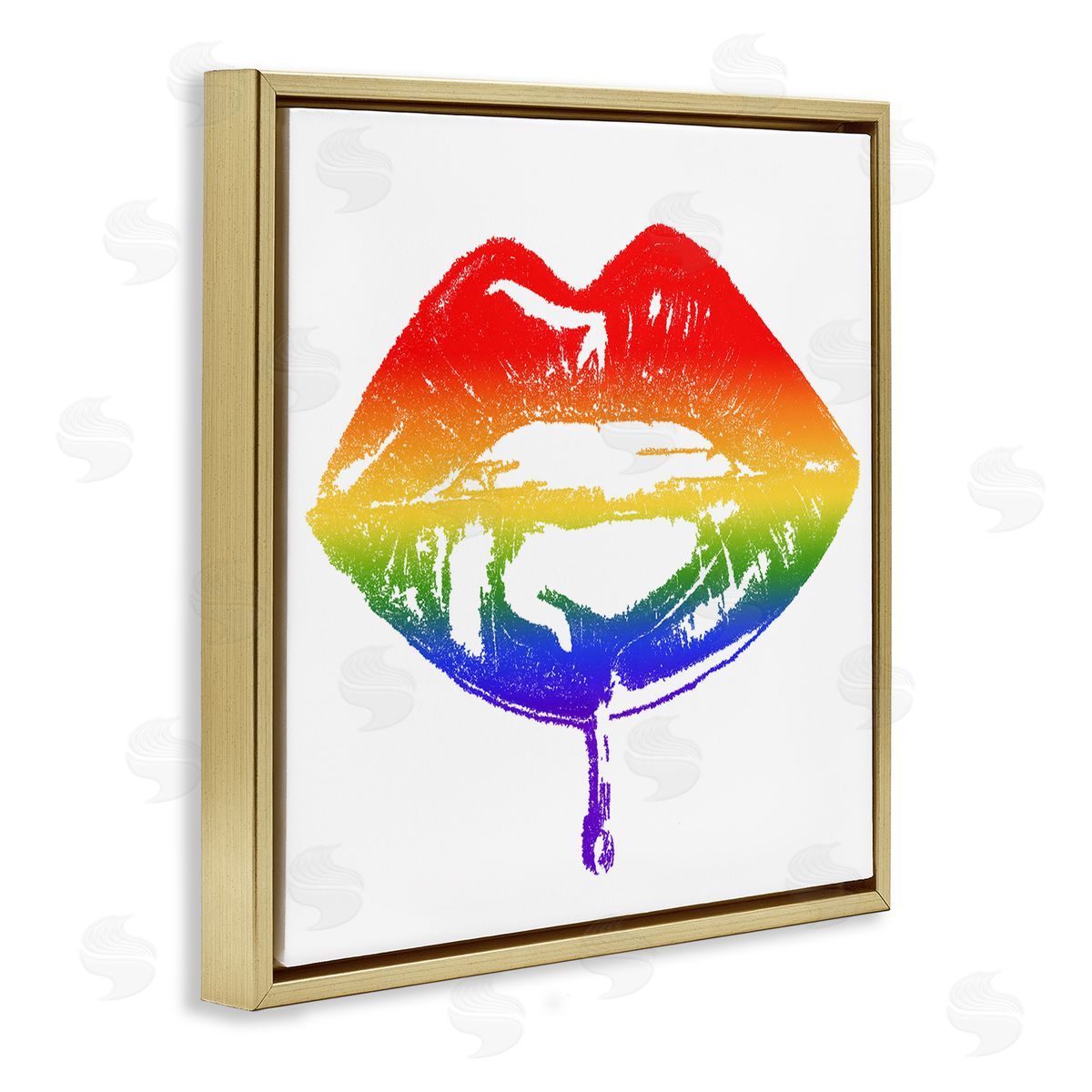 Amaya Rainbow Puckered Lips Retro Cosmetic Drip Kiss Gold Floating Frame Canvas Wall Art Print