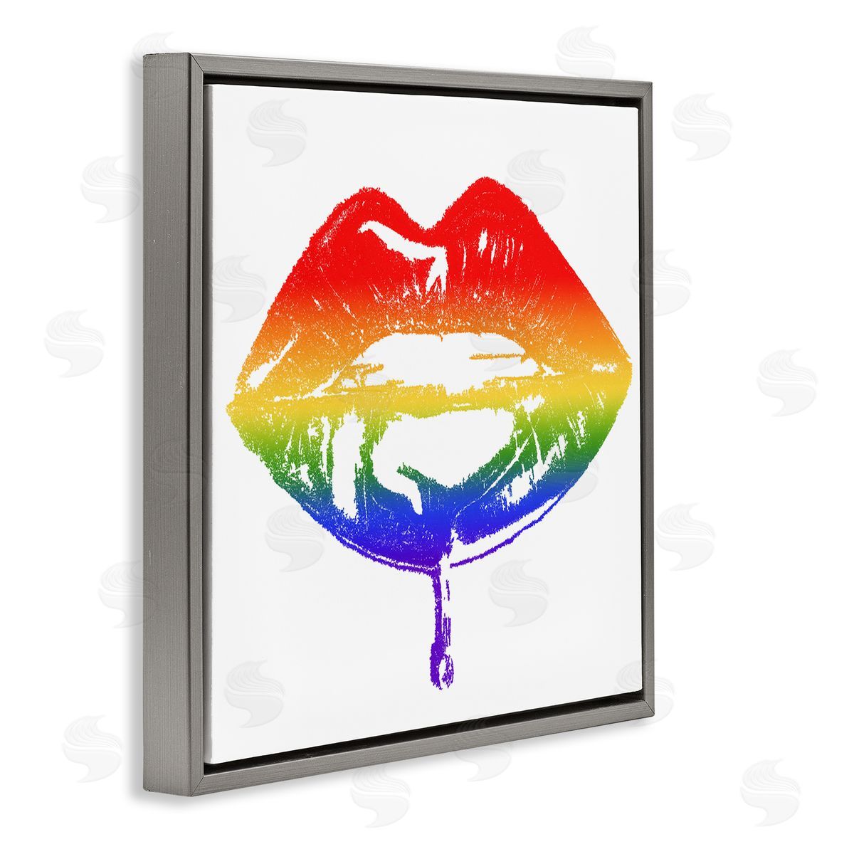 Amaya Rainbow Puckered Lips Retro Cosmetic Drip Kiss Gray Floating Frame Canvas Wall Art Print