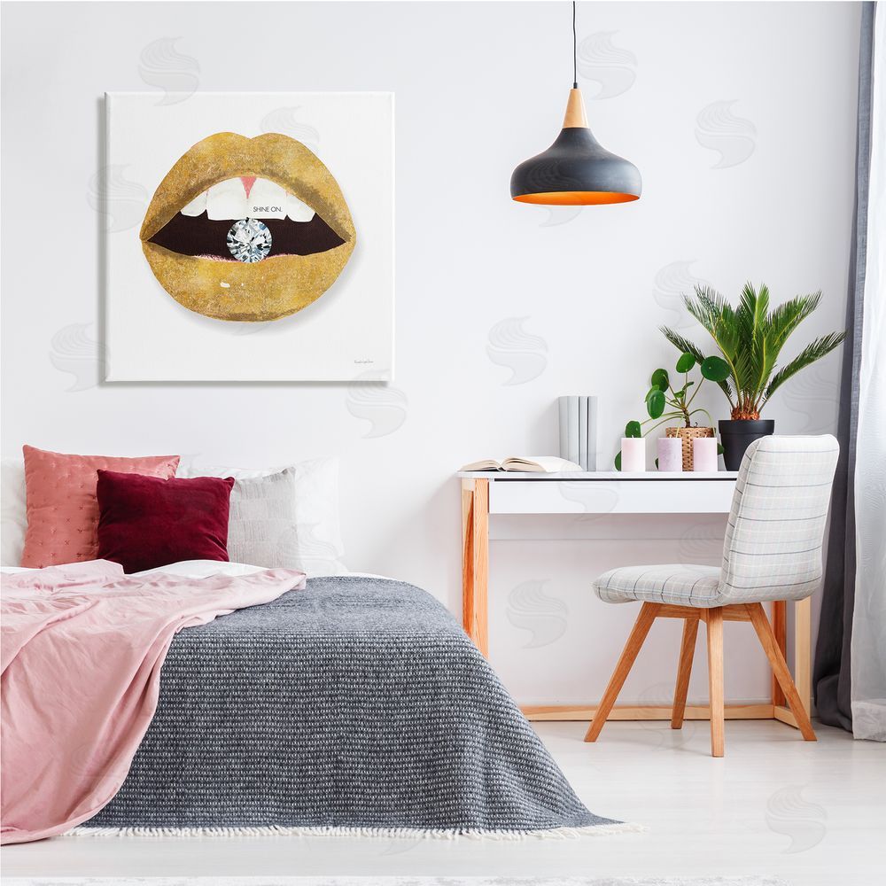 Mercedes Lopez Charro Shine On Sentiment Gold Lips Glam Diamond Bite Canvas Wall Art in Room