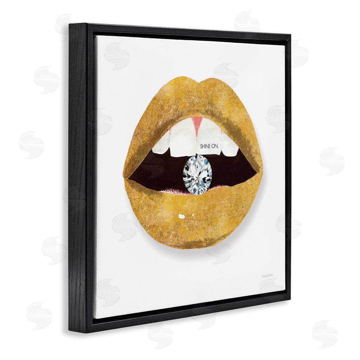 Mercedes Lopez Charro Shine On Sentiment Gold Lips Glam Diamond Bite Black Floating Frame Canvas Wall Art Print