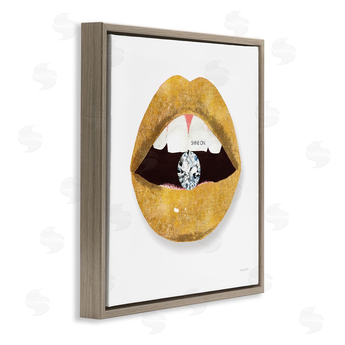 Mercedes Lopez Charro Shine On Sentiment Gold Lips Glam Diamond Bite Brown Floating Frame Canvas Wall Art Print