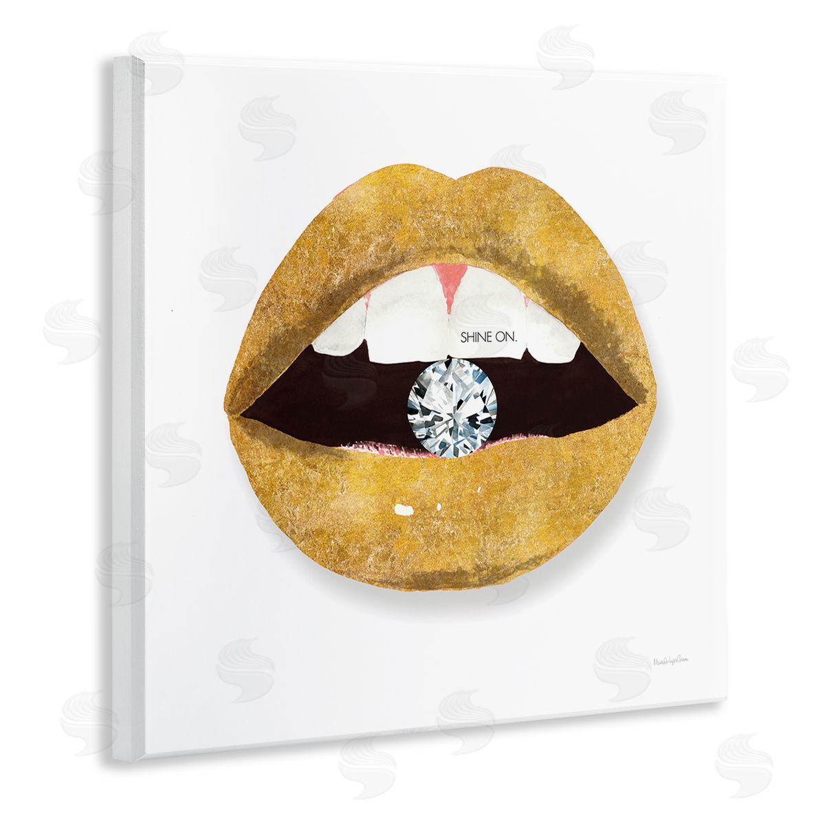 Mercedes Lopez Charro Shine On Sentiment Gold Lips Glam Diamond Bite Wooden Wall Plaque Art Print