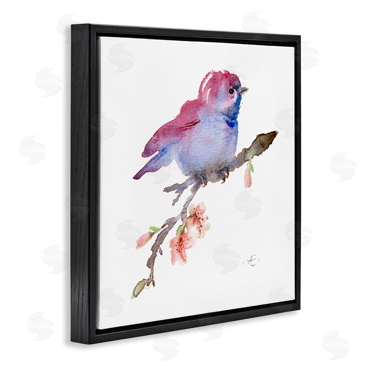 Verbrugge Watercolor Baby Bird Blooming Spring Blossom Tree Branch  Black Floating Frame Canvas Wall Art Print