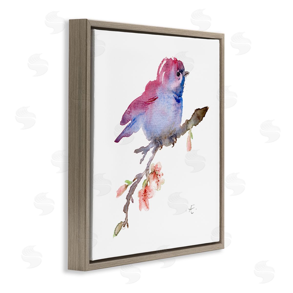 Verbrugge Watercolor Baby Bird Blooming Spring Blossom Tree Branch  Brown Floating Frame Canvas Wall Art Print