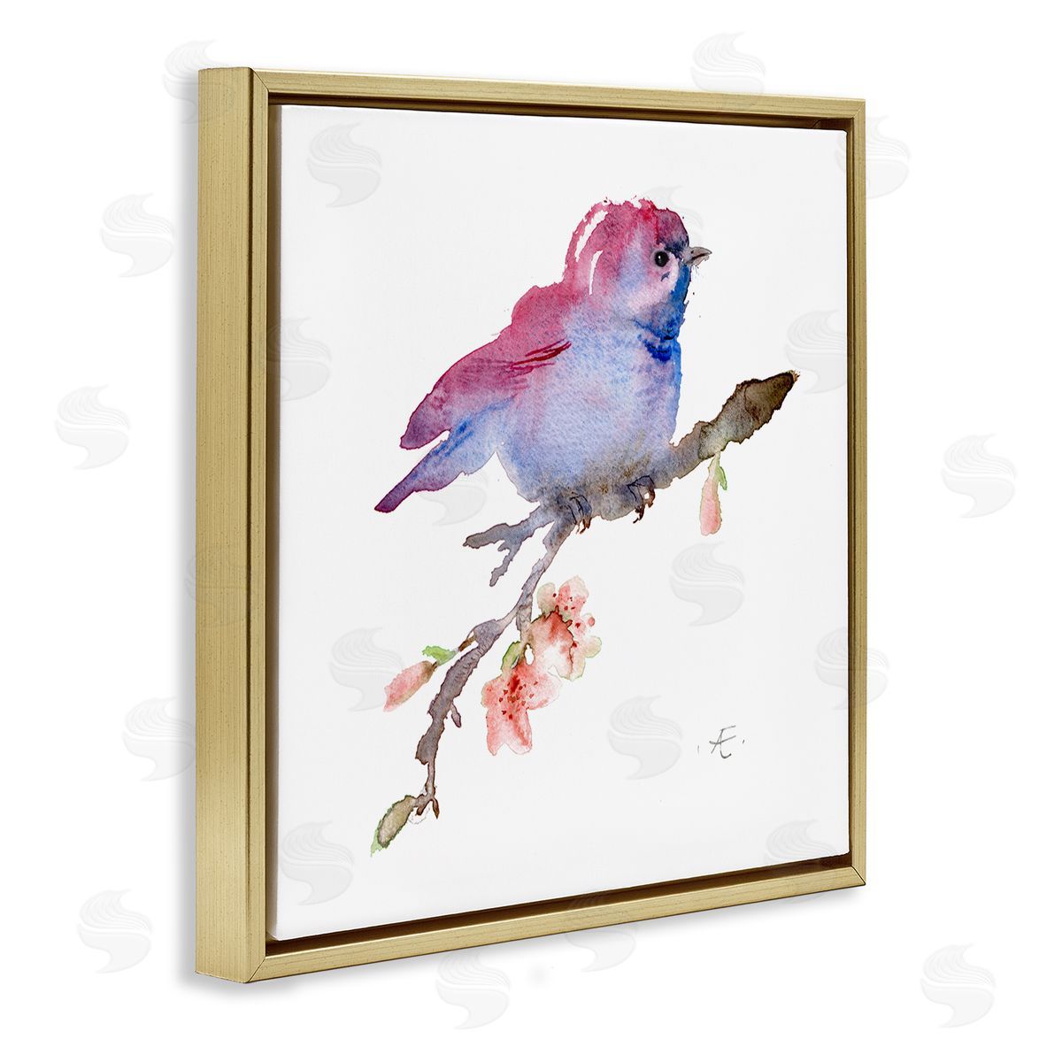 Verbrugge Watercolor Baby Bird Blooming Spring Blossom Tree Branch  Gold Floating Frame Canvas Wall Art Print