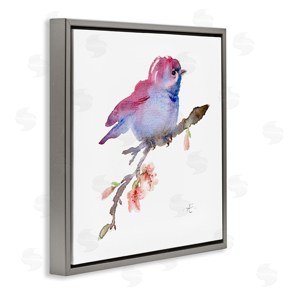Verbrugge Watercolor Baby Bird Blooming Spring Blossom Tree Branch  Gray Floating Frame Canvas Wall Art Print