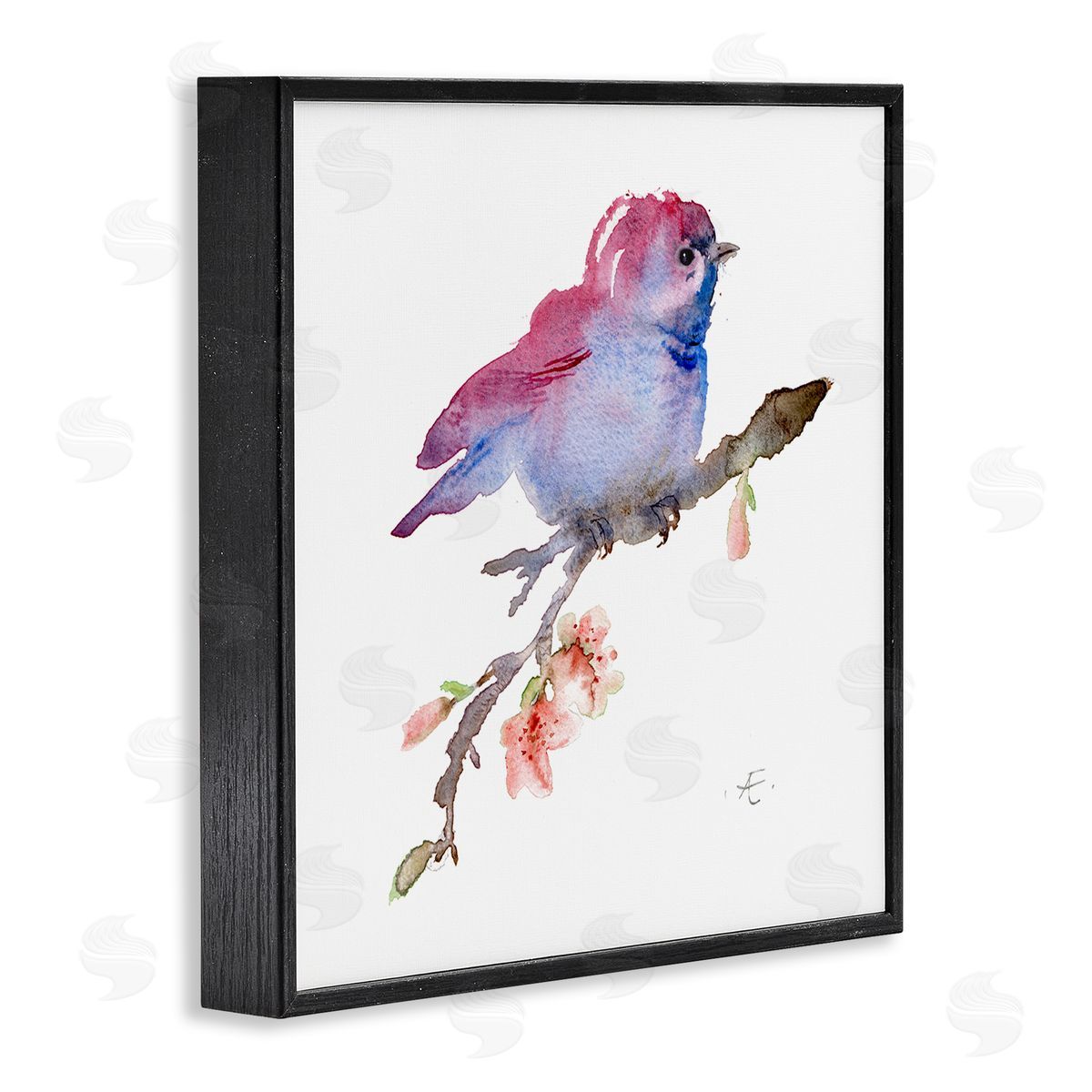 Verbrugge Watercolor Baby Bird Blooming Spring Blossom Tree Branch  Black Framed Glicee Wall Art Print