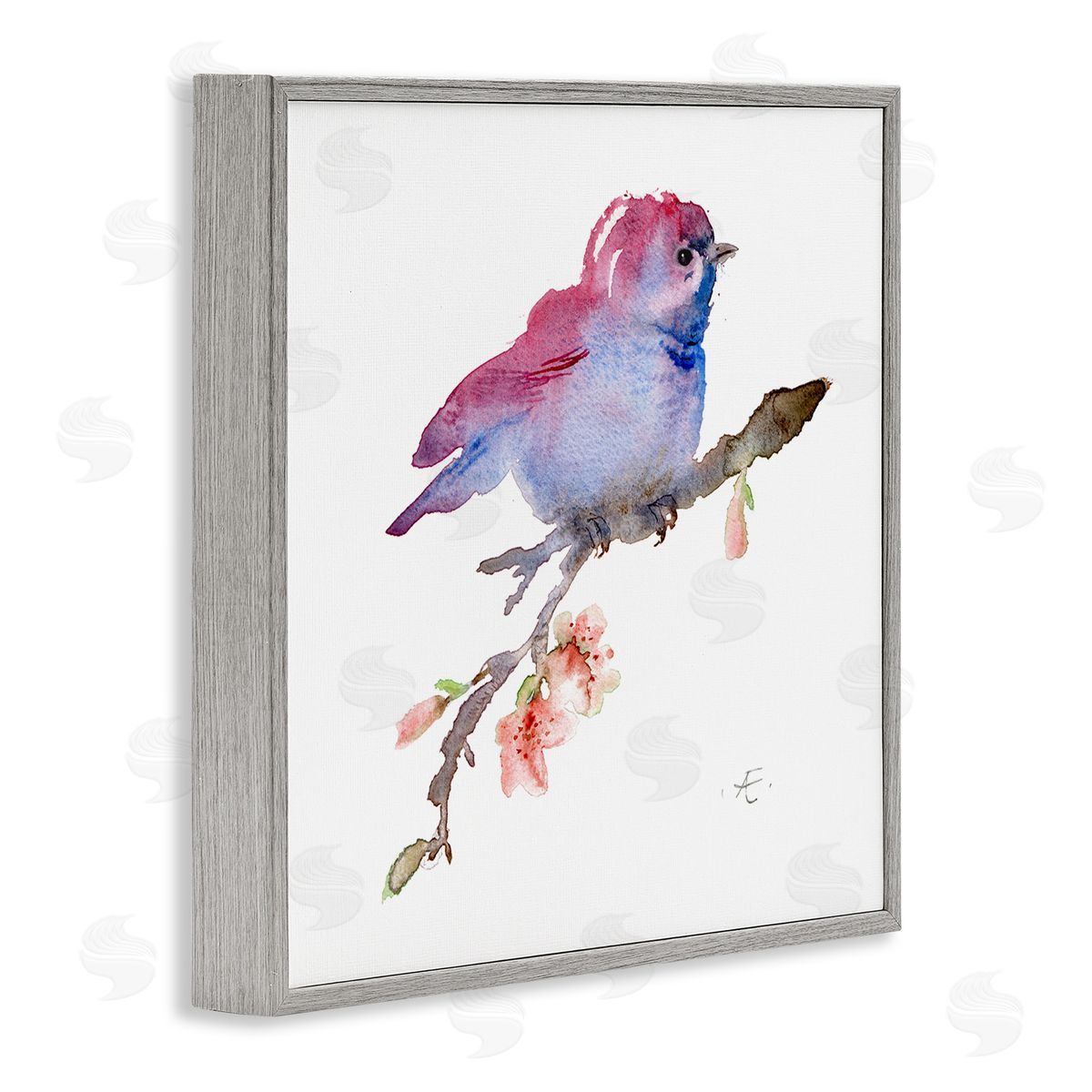 Verbrugge Watercolor Baby Bird Blooming Spring Blossom Tree Branch  Gray Framed Glicee Wall Art Print