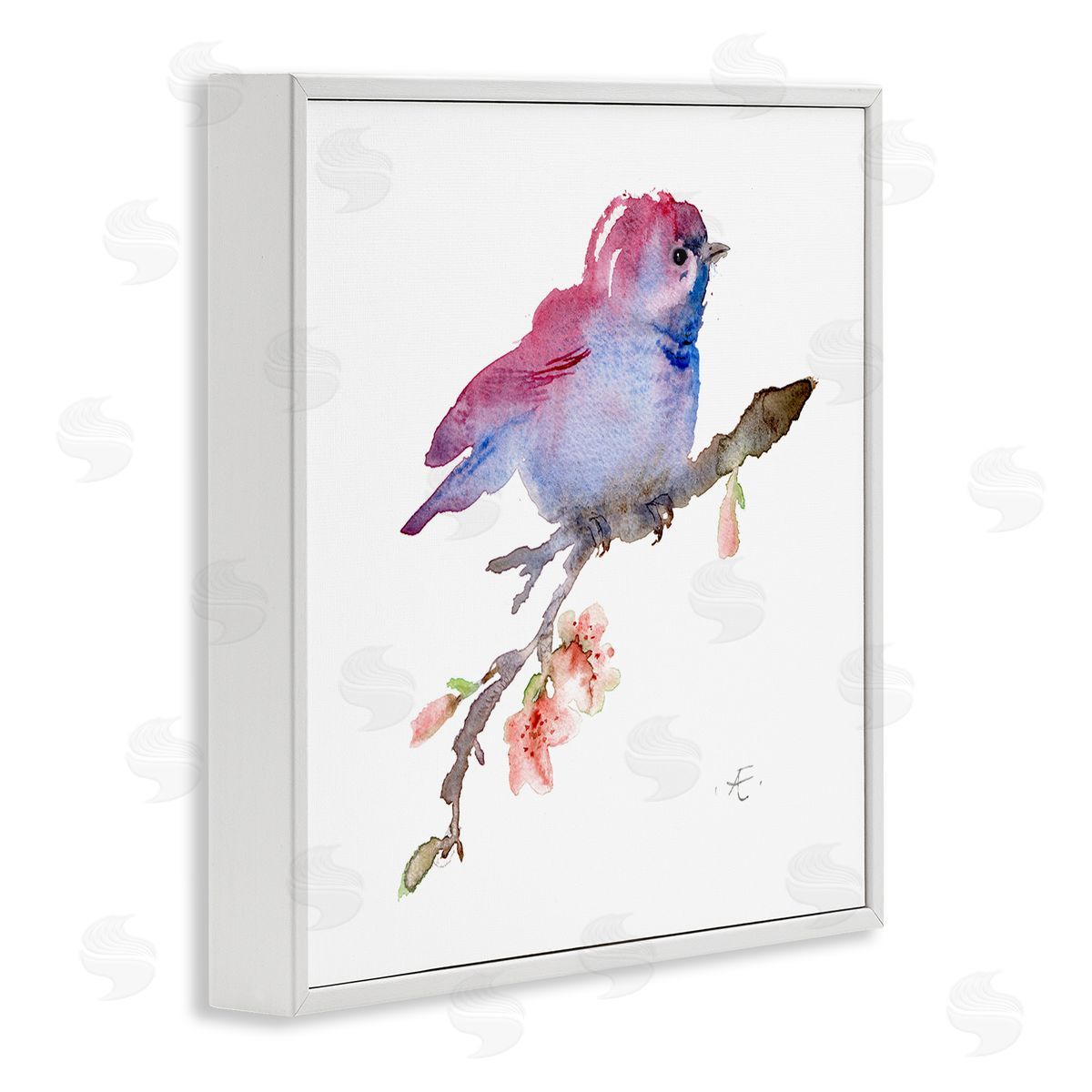 Verbrugge Watercolor Baby Bird Blooming Spring Blossom Tree Branch  White Framed Glicee Wall Art Print