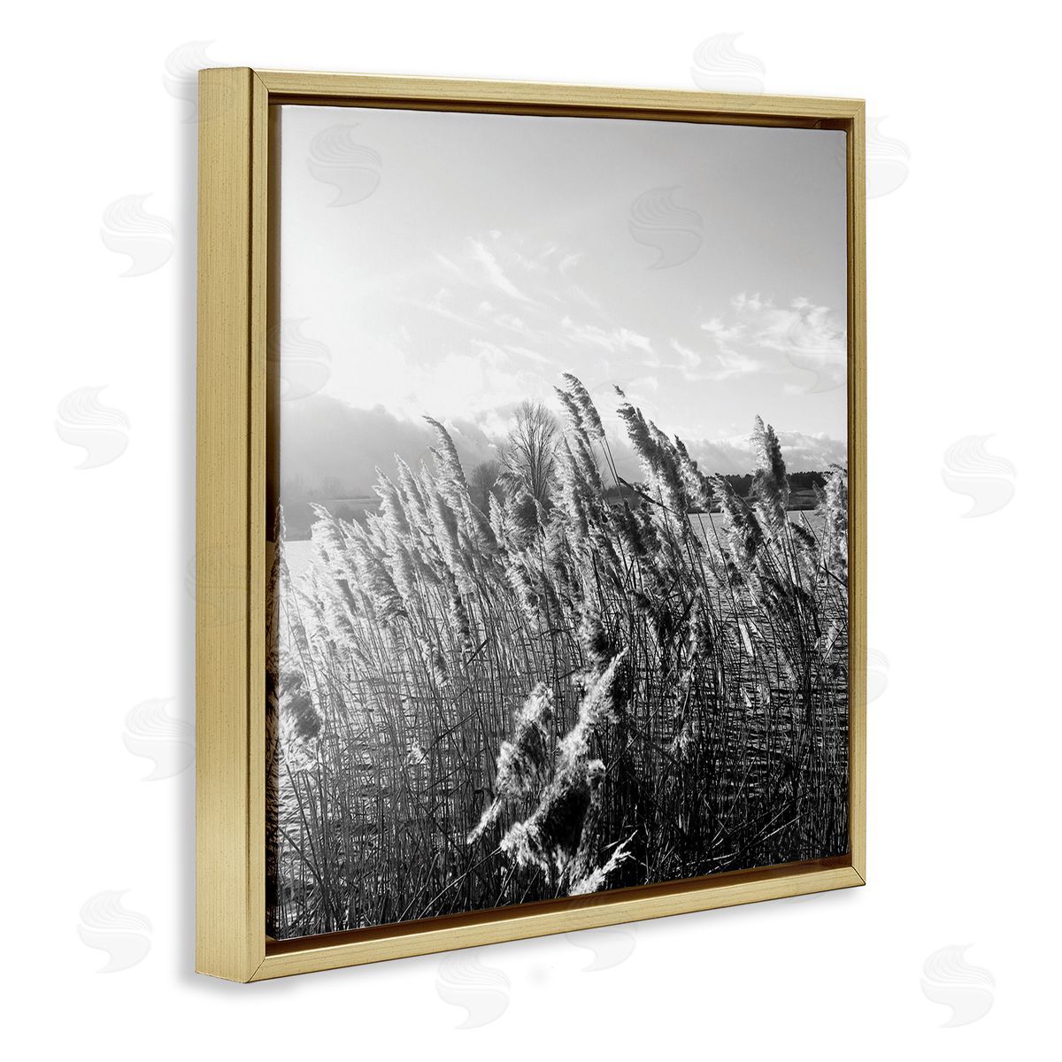 Tall Grass Lake Water Landscape Gold Floating Frame Canvas Wall Art, Home Decor by Sarah Jane
