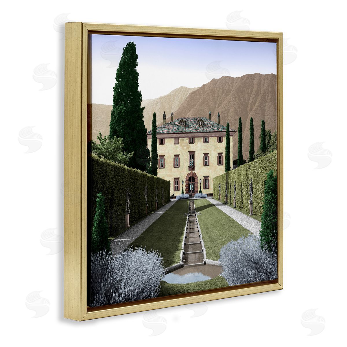 Alan Blaustein Classic European Villa Courtyard Cliffside Mansion Architecture Gold Floating Frame Canvas Wall Art Print