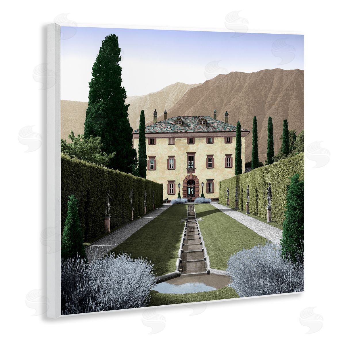 Alan Blaustein Classic European Villa Courtyard Cliffside Mansion Architecture Wooden Wall Plaque Art Print