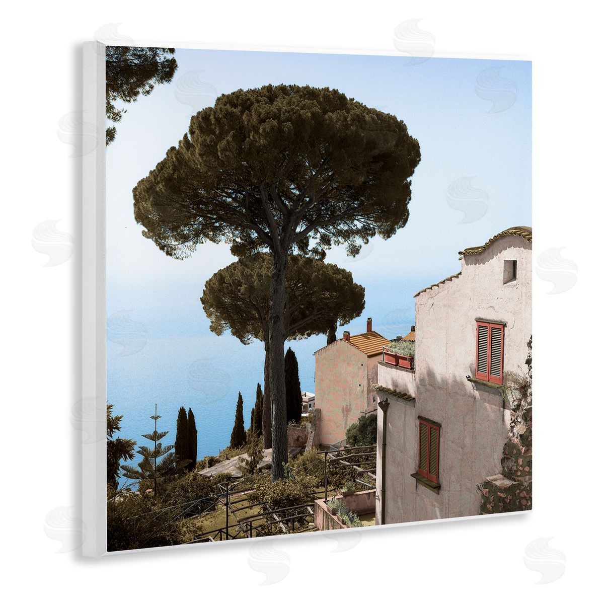 Alan Blaustein Traditional Mountainside European Villa Architecture Clear Blue Sky Wooden Wall Plaque Art Print