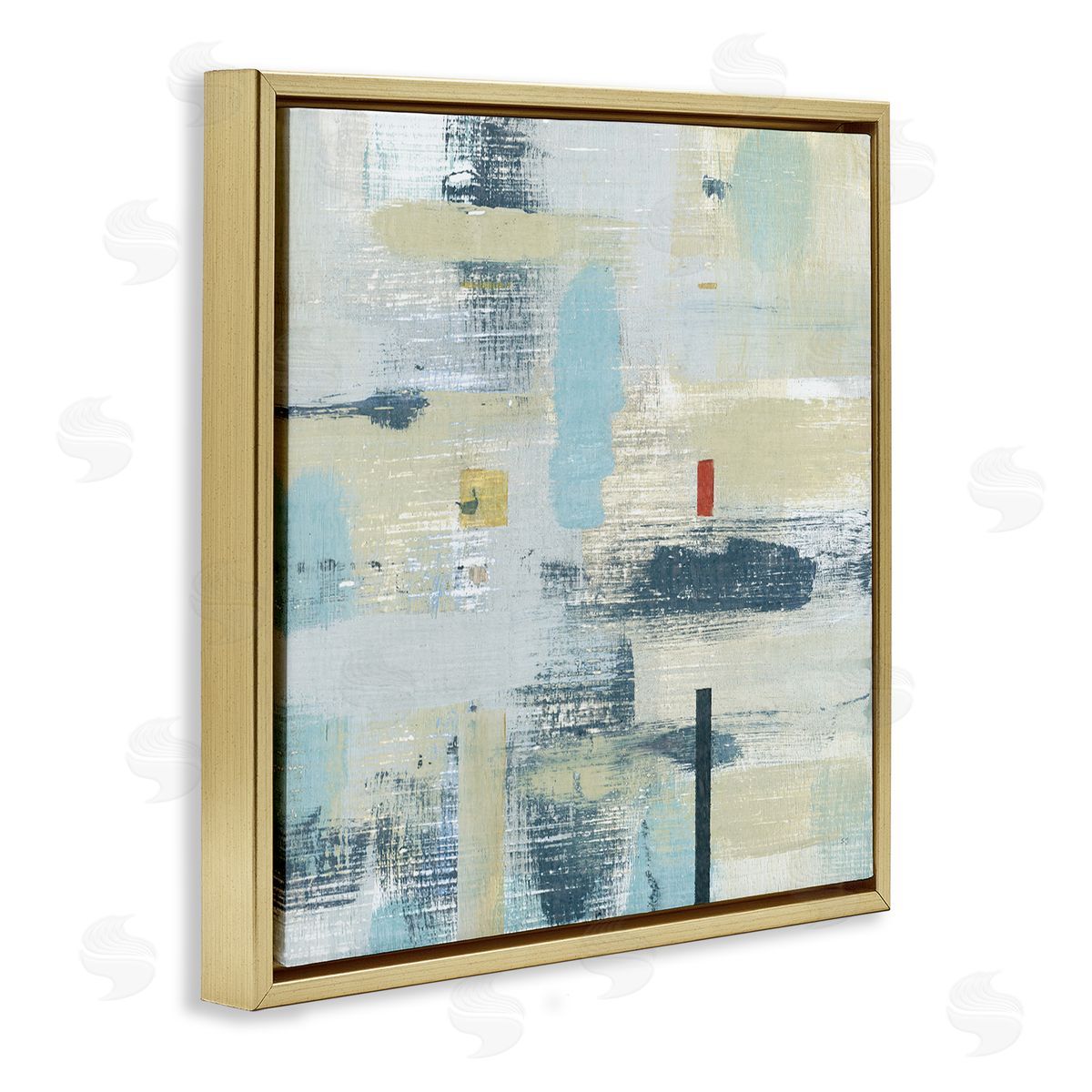 Susan Jill Abstract Paint Stroke Collage Blue Beige Woven Pattern Gold Floating Frame Canvas Wall Art Print