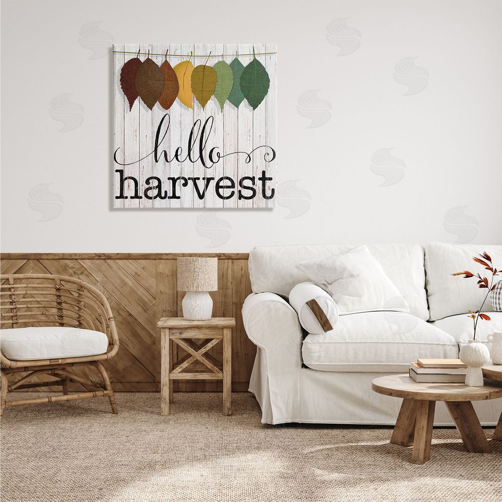 CAD Designs Hello Harvest Greeting Autumn Leaves Foliage Illustration Canvas Wall Art in Room