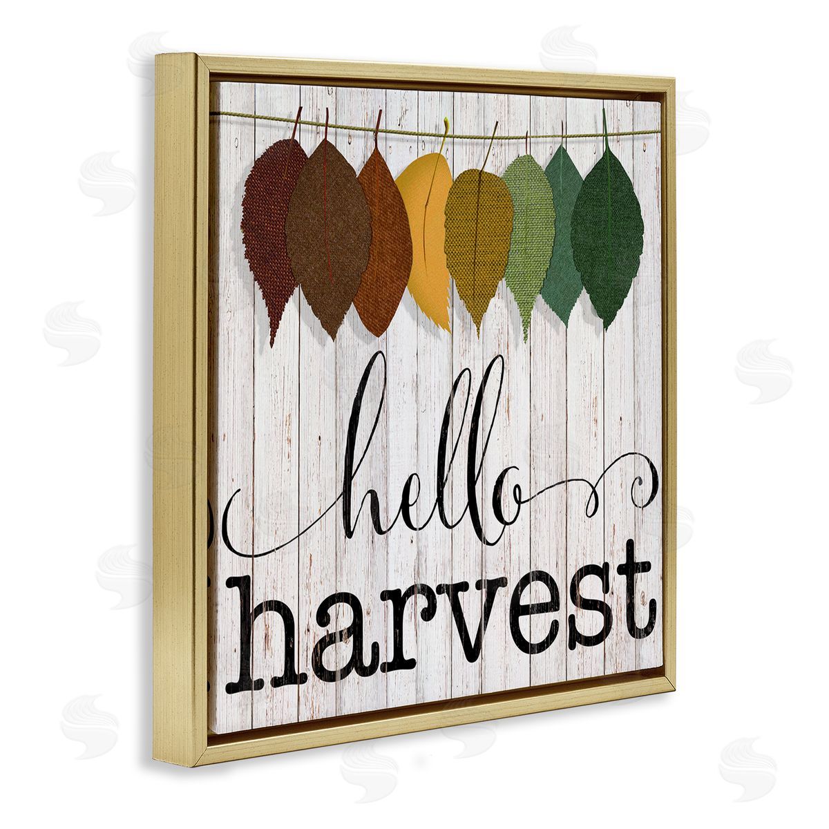 CAD Designs Hello Harvest Greeting Autumn Leaves Foliage Illustration Gold Floating Frame Canvas Wall Art Print