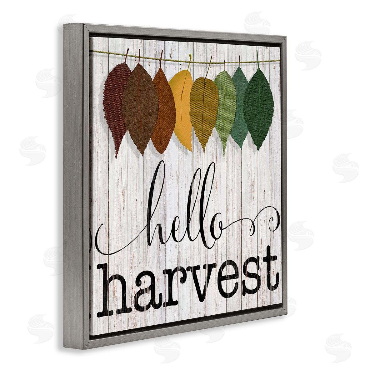 CAD Designs Hello Harvest Greeting Autumn Leaves Foliage Illustration Gray Floating Frame Canvas Wall Art Print