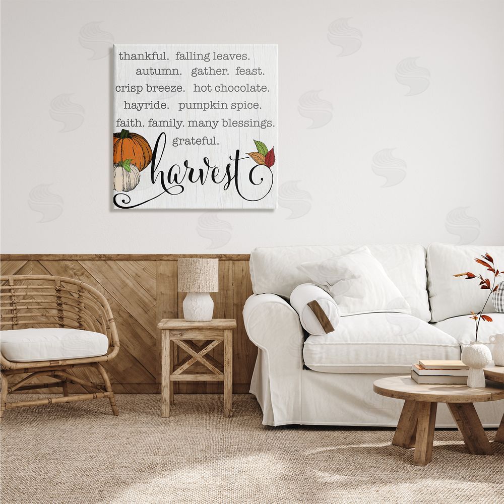 CAD Designs Fall Harvest Phrase List Farm Pumpkins Autumn Leaves Canvas Wall Art in Room