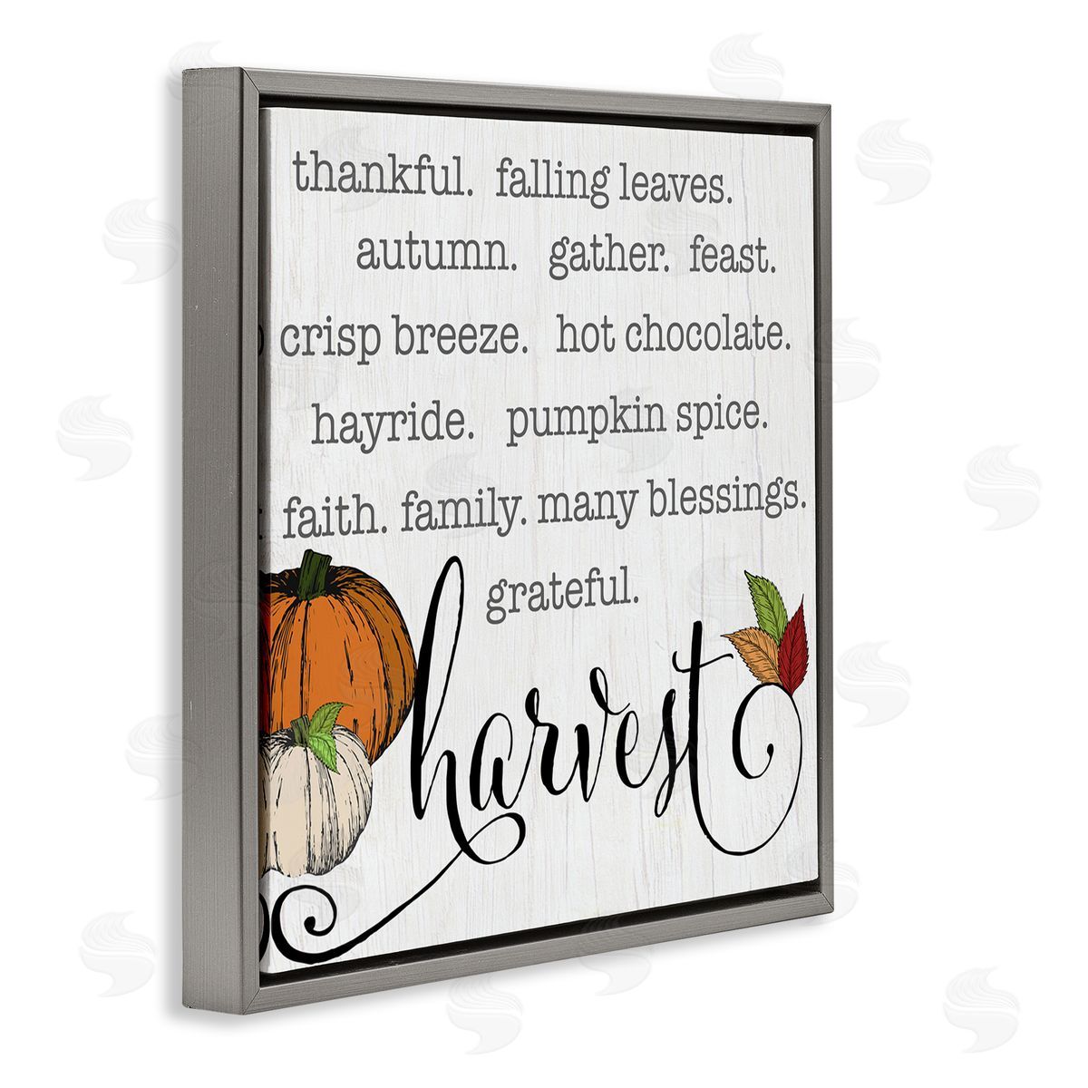 CAD Designs Fall Harvest Phrase List Farm Pumpkins Autumn Leaves Gray Floating Frame Canvas Wall Art Print