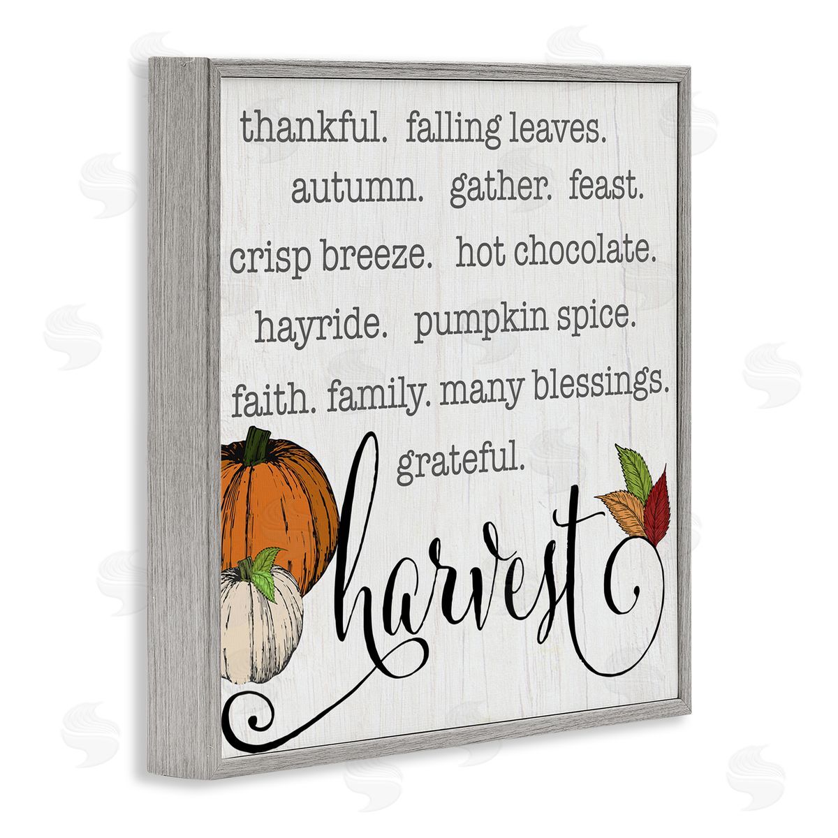 CAD Designs Fall Harvest Phrase List Farm Pumpkins Autumn Leaves Gray Framed Glicee Wall Art Print