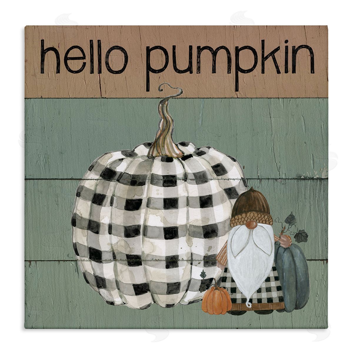 Livi Finn Hello Pumpkin Rustic Greeting Patchwork Plaid Gnome Stretched Canvas Wall Art Print