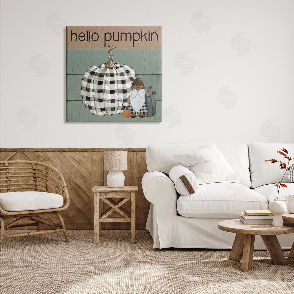 Livi Finn Hello Pumpkin Rustic Greeting Patchwork Plaid Gnome Canvas Wall Art in Room