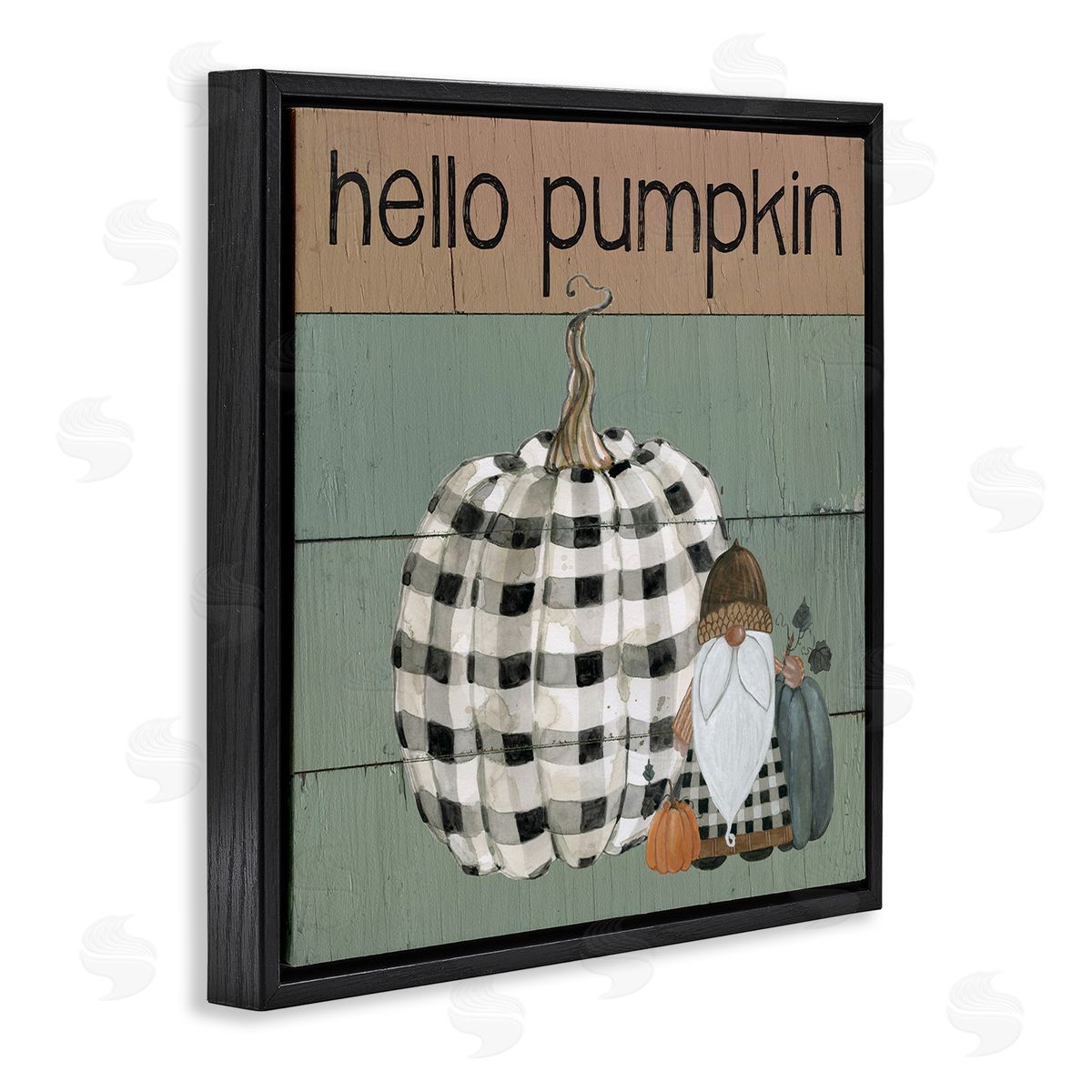 Livi Finn Hello Pumpkin Rustic Greeting Patchwork Plaid Gnome Black Floating Frame Canvas Wall Art Print