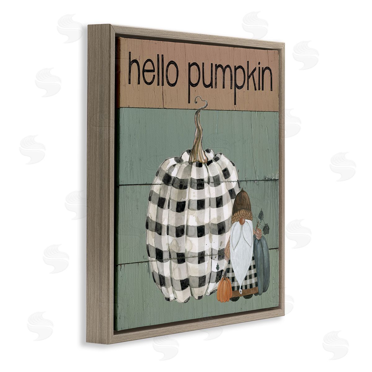Livi Finn Hello Pumpkin Rustic Greeting Patchwork Plaid Gnome Brown Floating Frame Canvas Wall Art Print