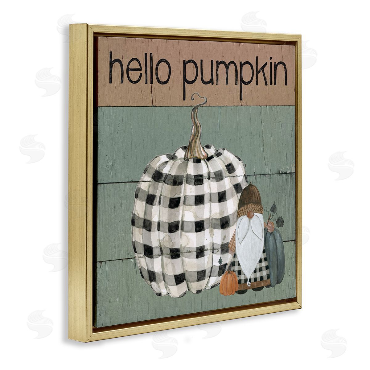Livi Finn Hello Pumpkin Rustic Greeting Patchwork Plaid Gnome Gold Floating Frame Canvas Wall Art Print