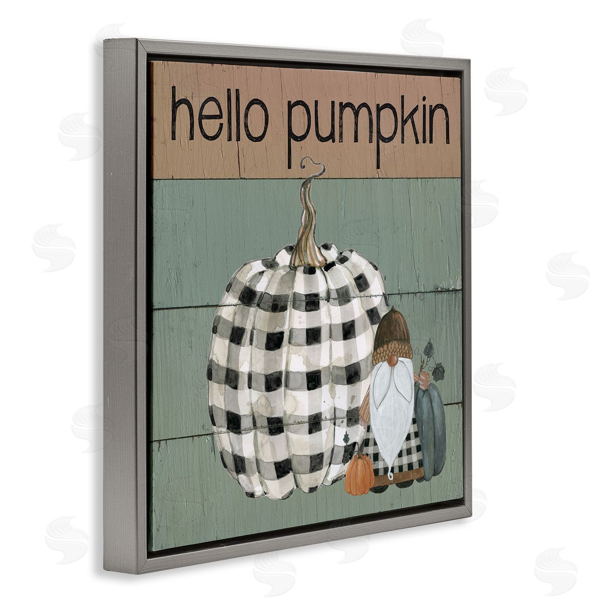 Livi Finn Hello Pumpkin Rustic Greeting Patchwork Plaid Gnome Gray Floating Frame Canvas Wall Art Print